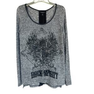 Rock & Republic Shirt Womens Small Silver Rock Spirit Cross Graphic Long Sleeve